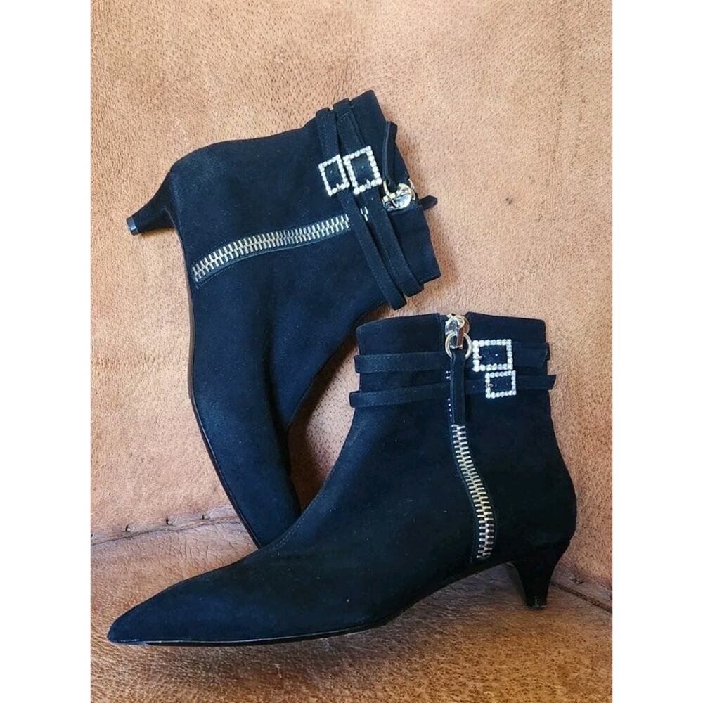 Giuseppi Zanotti Kitten Heel Black & Crystals Suede Ankle Booties Size US 6.5